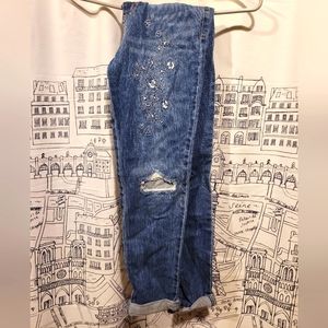 NWT Cat & Jack Adjustable Waist Floral Embellishment Stretch Girlfriend Jeans 12